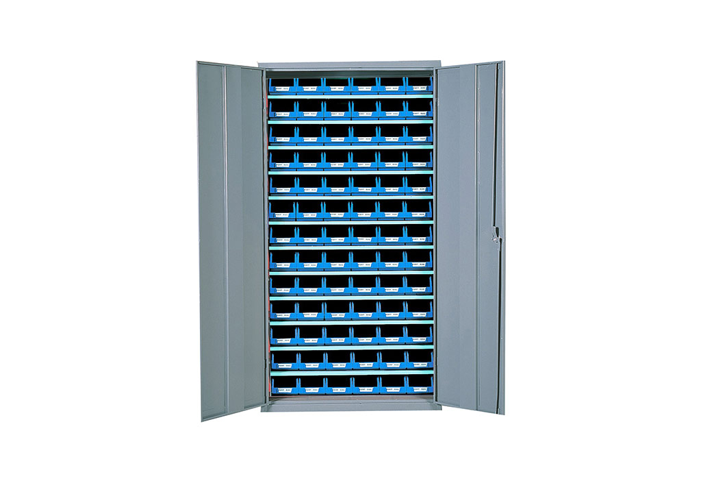 Armoire de Rangement Acier 2 Portes + 84 Bacs Bleus 1L 260x760x1600