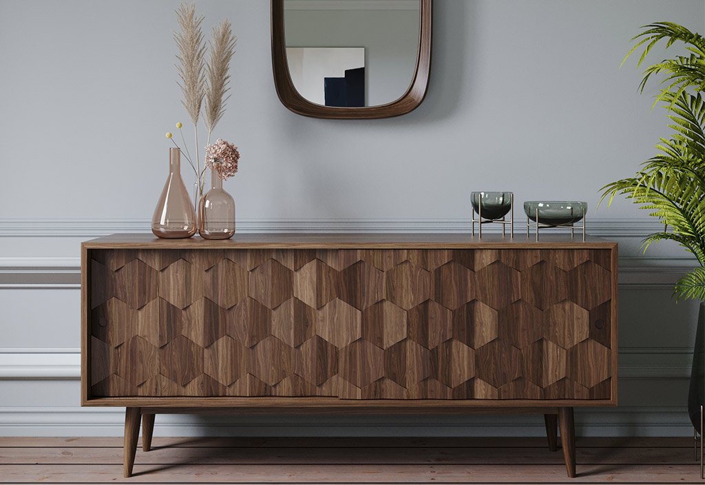 Roomfitters Buffet Salon Moderne 100 Cm – Armoire Cuisine 2 Portes + Pieds Métal Doré – Meuble Rangement Élégant Bois Noyer Pour Salle à Manger Ou Entrée