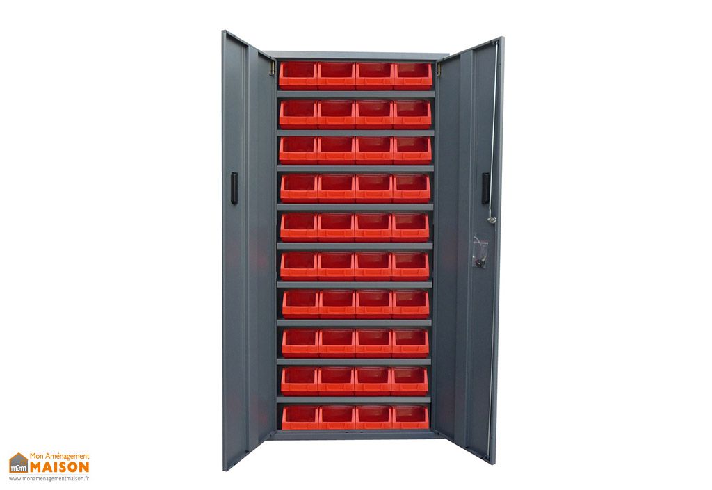 Armoire De Rangement Acier 2 Portes 40 Bacs Rouges 4l 260x760x1600 Viso