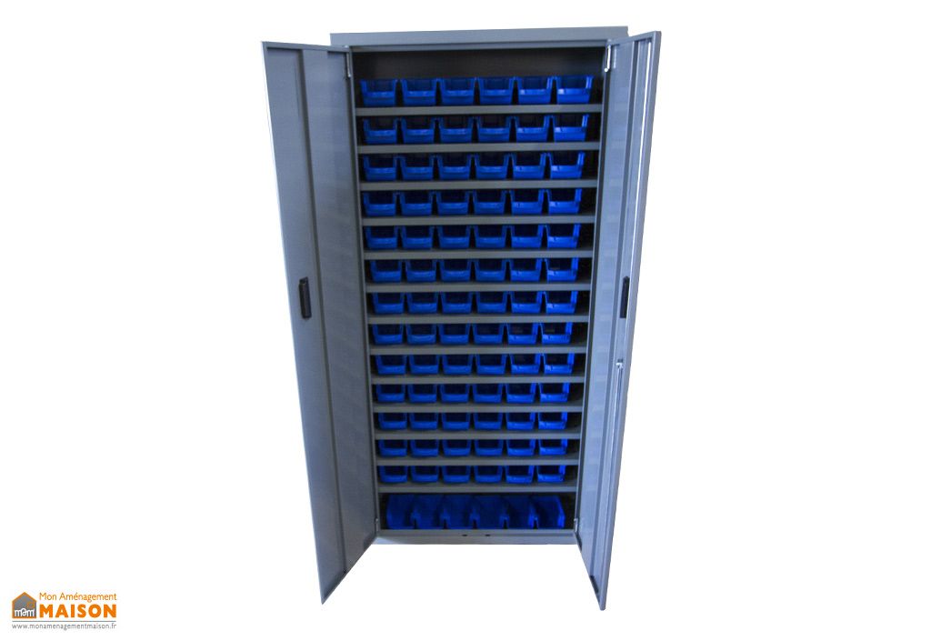 Armoire De Rangement Acier 2 Portes 84 Bacs Bleus 1l