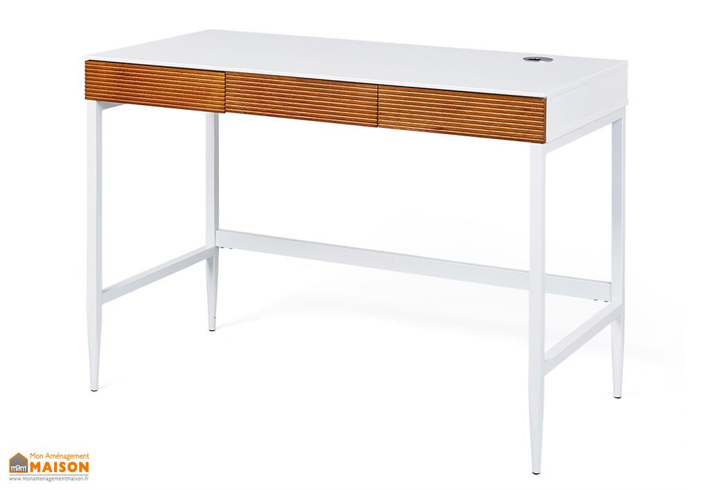 Bureau En Bois Et Metal Blanc Et Chene 110 Cm Scandici