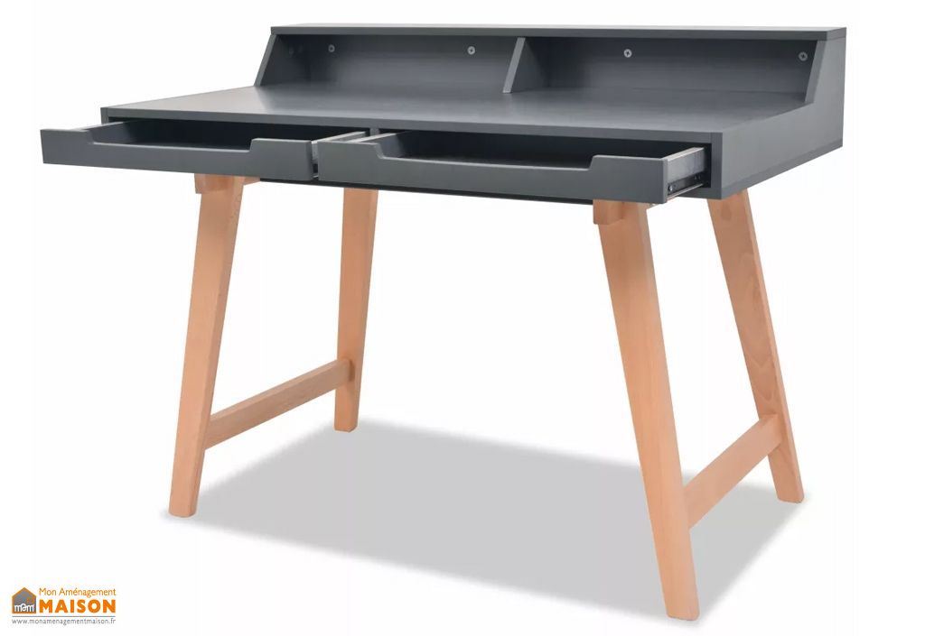 Bureau Informatique Gris En Bois Avec Rangement 2 Tiroirs Vidaxl