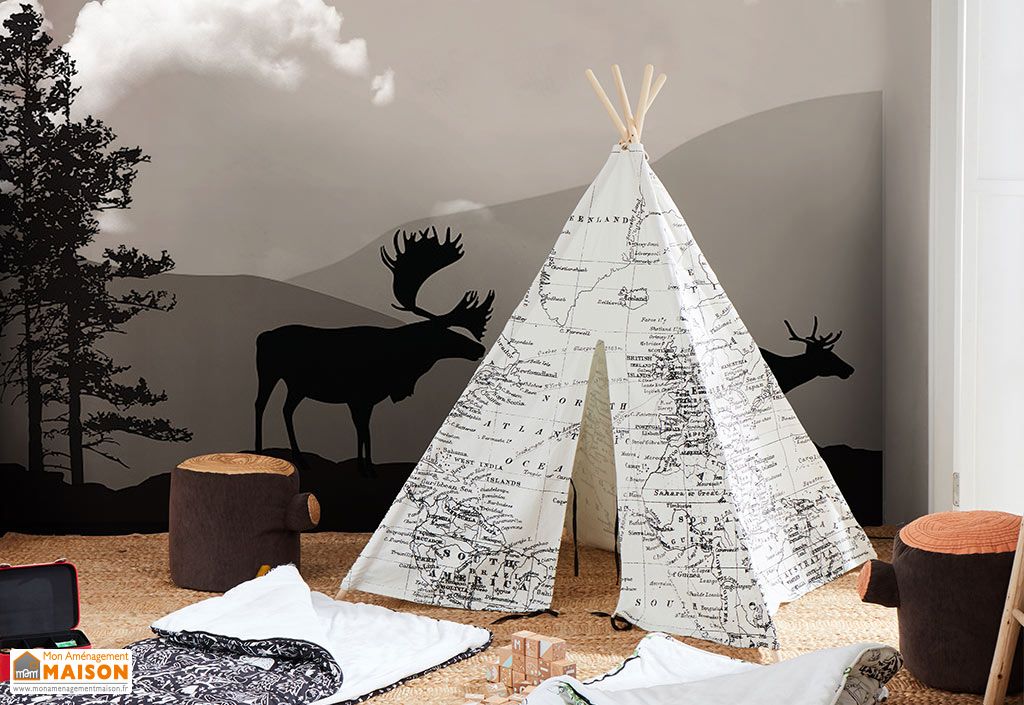 Tipi Pour Enfant World Map En Tissu Et Bois Noir Et Blanc 1 60 M