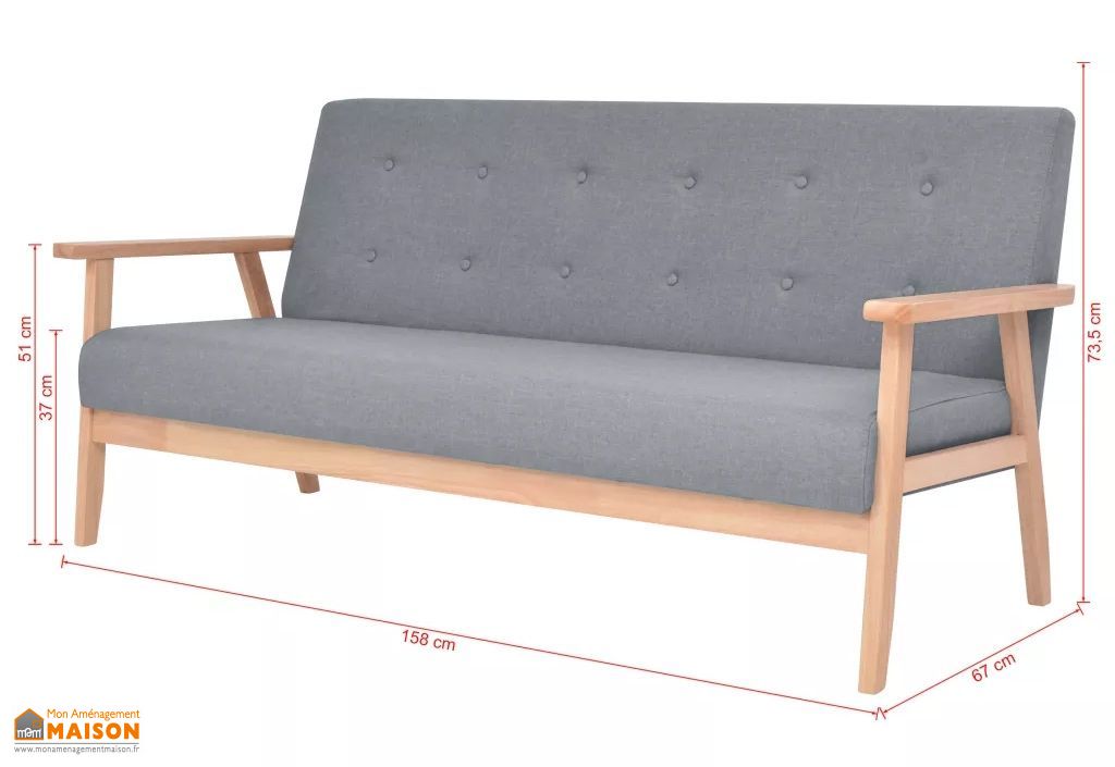 Canapé Salon 3 Places Bois Et Tissu Gris Clair