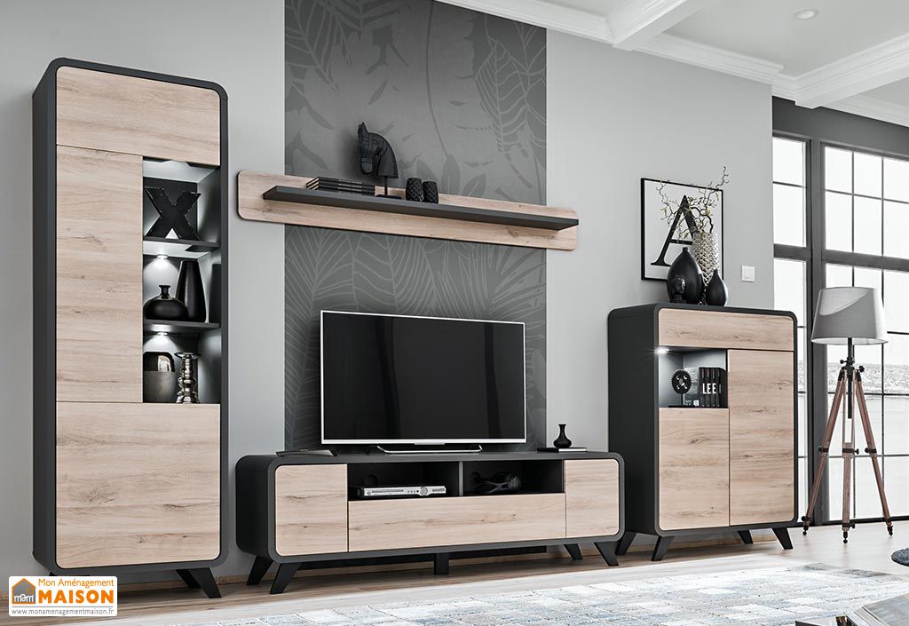 Ensemble meuble TV + armoires en bois avec vitrines Round