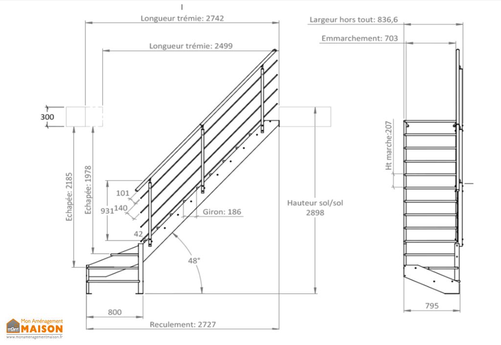 Escalier Quart Tournant Droit Bois De Hetre 290 Cm Rampe Inox
