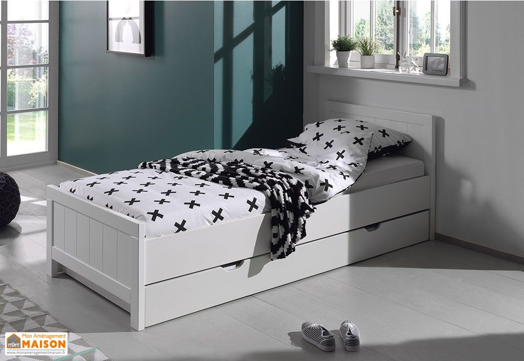 Lit Enfant En Bois Massif Blanc Option Gigogne 90 X 0 Cm Erik Vipack