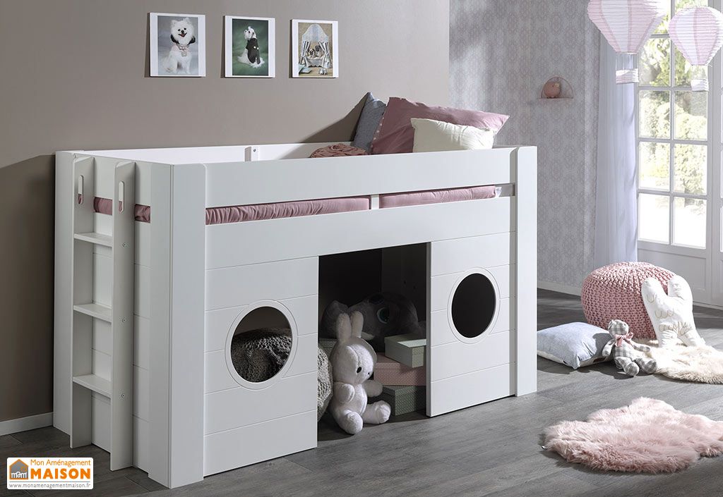 Lit Enfant Mezzanine En Bois Blanc Laque 90 X 200 Cm Freya Vipack