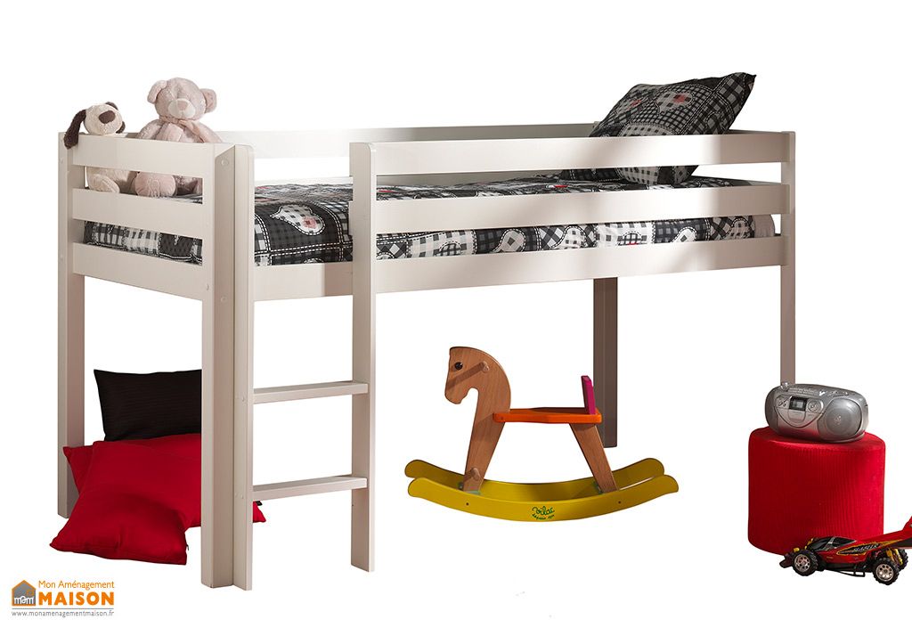 Lit Enfant En Bois 90 X 0 Cm Mezzanine H114 Cm Pino Blanc Vipack