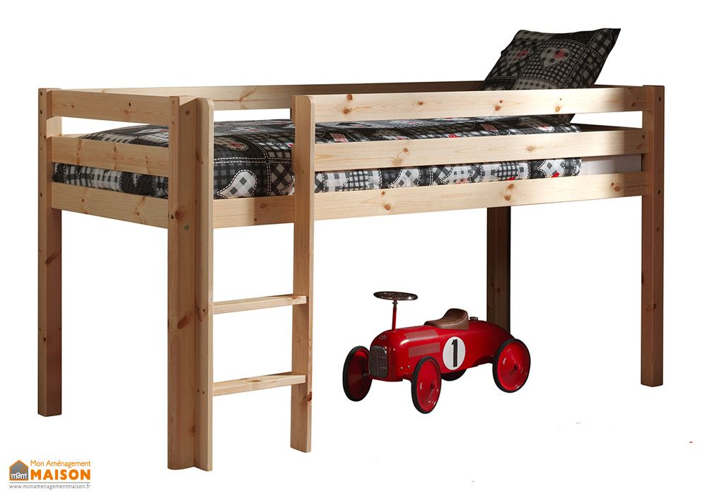 lit enfant en bois 90 x 200 cm mezzanine h114 cm pino naturel vipack