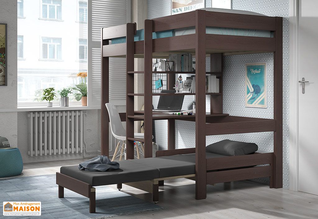 Lit Mezzanine En Bois 1 Place Avec Bureau Et Fauteuil 90 X 200 Cm Pino Vipack