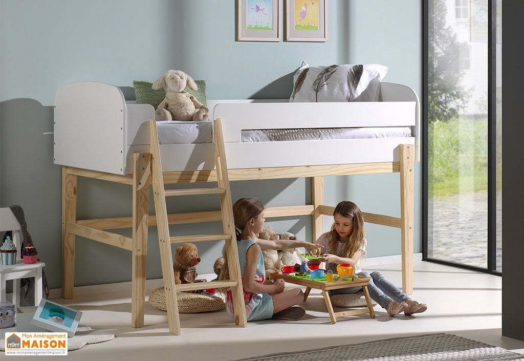 Lit Mezzanine Pour Enfant 90 X 200 Cm En Bois Blanc H120 Cm Kiddy