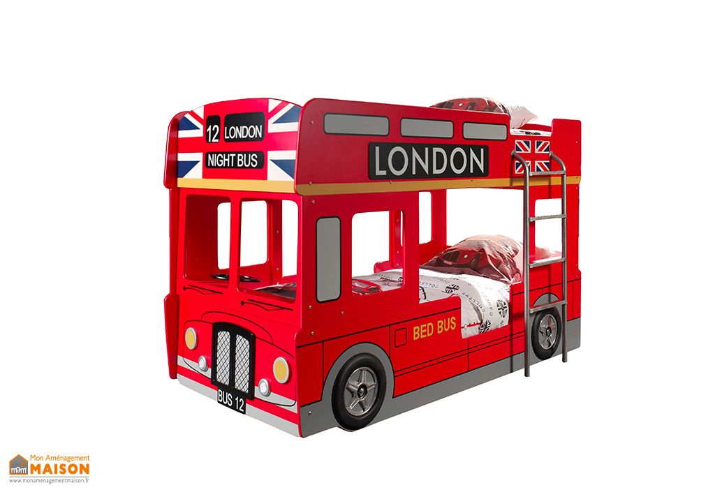 Lit Superposé Enfant Bus London 90 x 200 cm en Bois + LED - Vipack