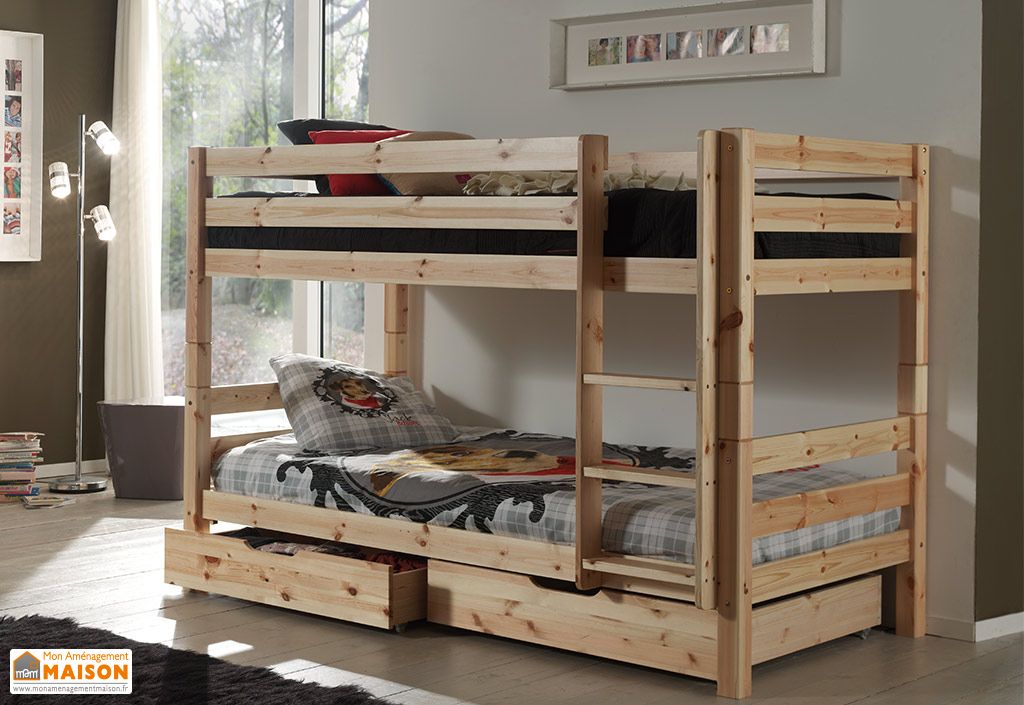Lit Superpose En Bois De Pin Avec Tiroirs Pino 90 X 200 Cm Vipack