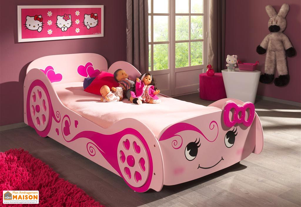 Lit Voiture Rose En Bois Pour Enfant 90 X 200 Cm Love Car Vipack