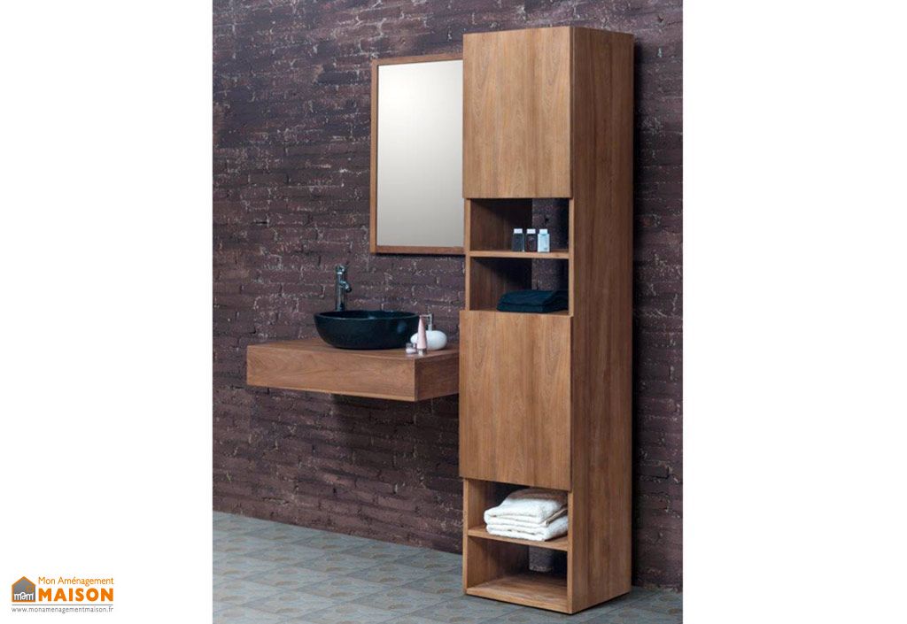 Meuble de Salle de Bain en Teck avec Vasque + Miroir + Colonne ... Meuble de Salle de Bain en Teck avec Vasque + Miroir + Colonne ...