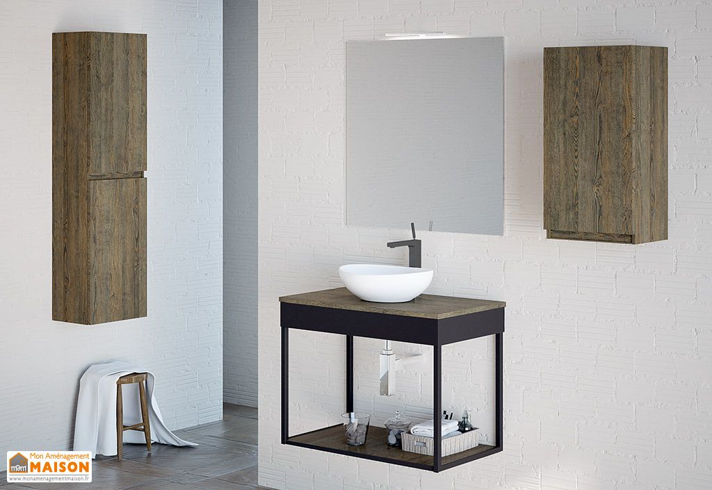 Meuble Salle De Bain Bois Metal Vasque A Poser Et Miroir