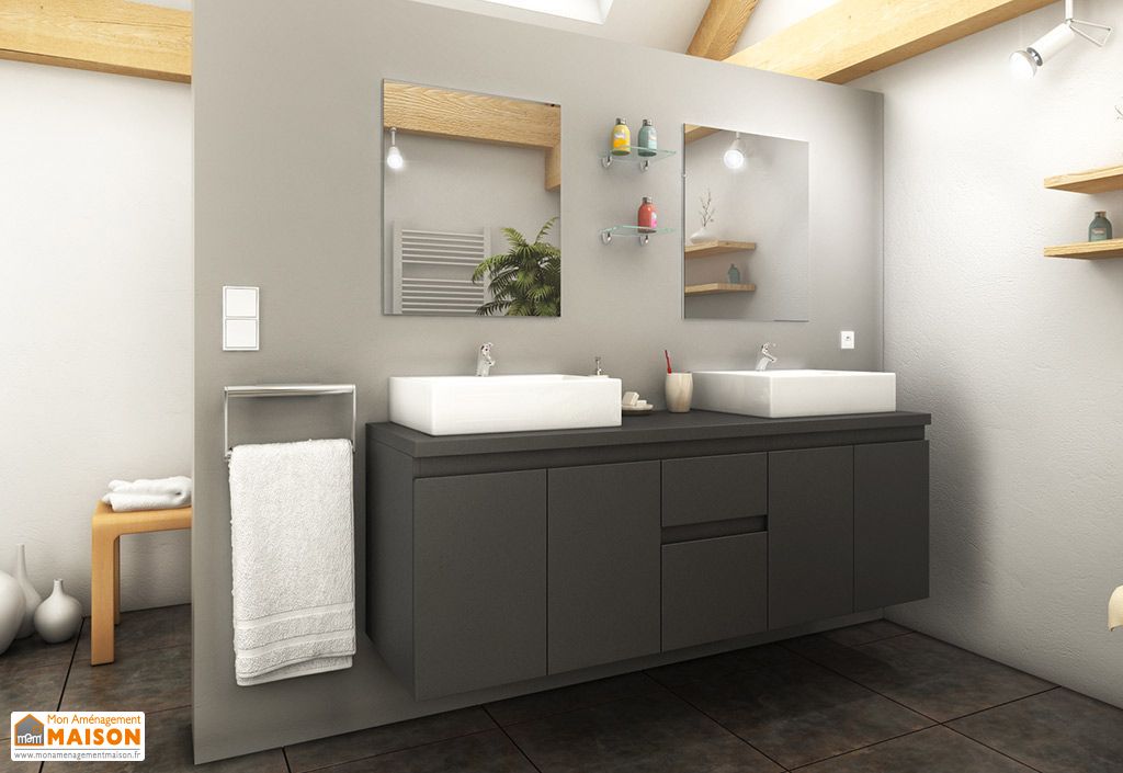 Meuble De Salle De Bain Double Vasque En Bois Gris 2 Miroirs