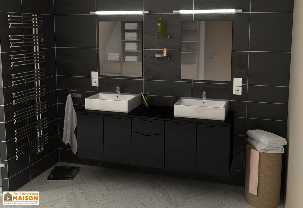 Meuble De Salle De Bain Double Vasque En Bois Noir 2 Miroirs