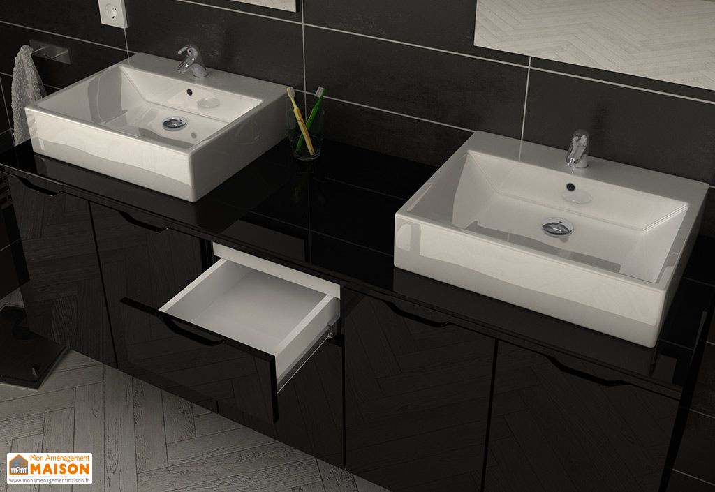 Meuble De Salle De Bain Double Vasque En Bois Noir 2 Miroirs