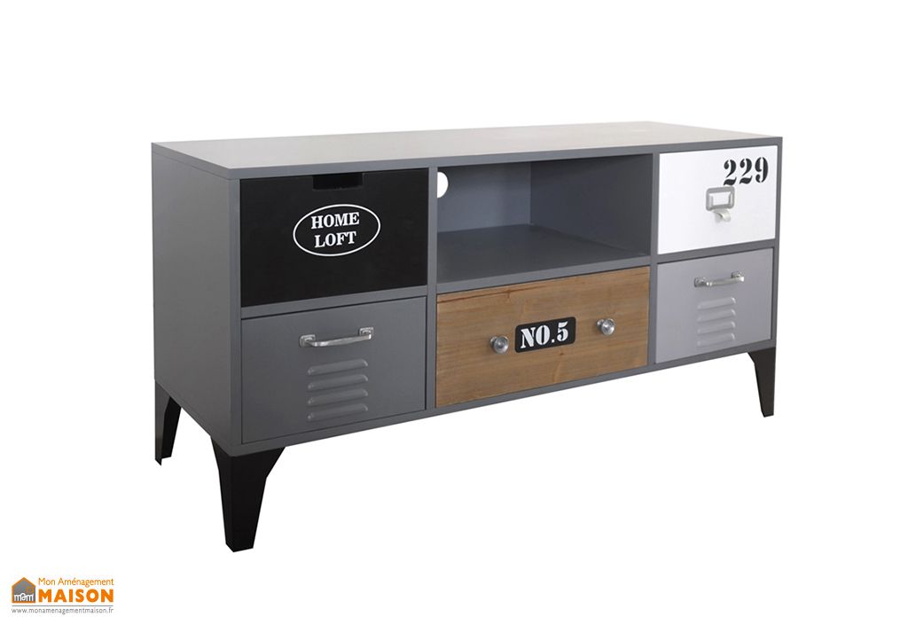 Meuble Tv 5 Tiroirs En Bois Et Metal 34 X 110 Cm Socadis