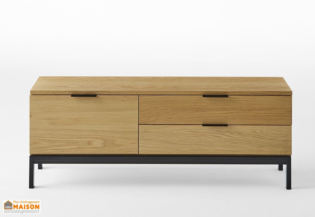 Meuble Tv En Bois Et Metal 2 Tiroirs 1 Porte 120 Cm Chene Meuble
