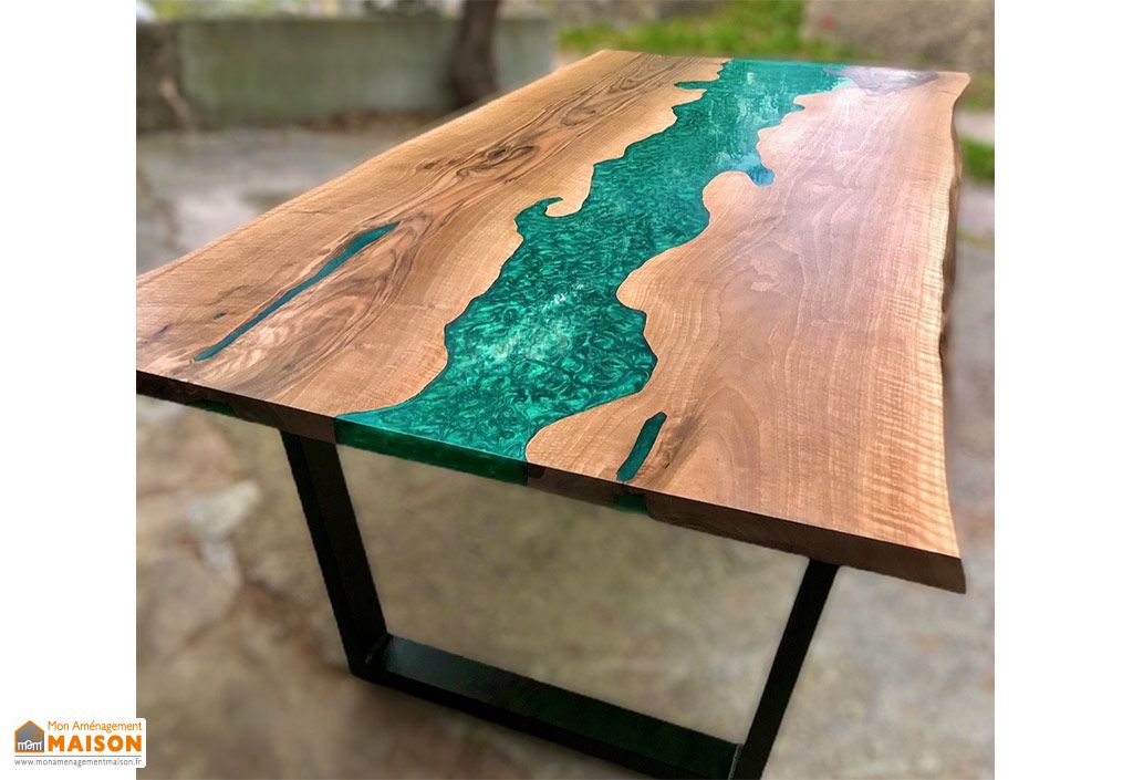 table a manger en bois de noyer et resine epoxy vert emeraude 200 cm wood bar project