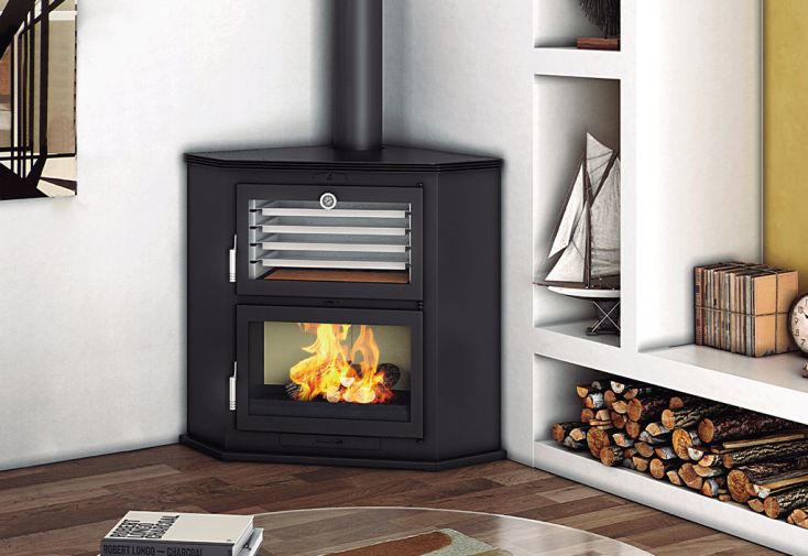 Poêle à bois d'angle double combustion foyer fonte 13,5 kW - HL