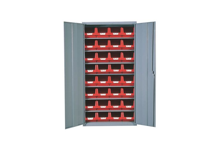 Armoire de Rangement Acier 2 Portes + 32 Bacs Rouges 10L 400x960x1600