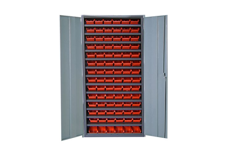 Armoire de Rangement Acier 2 Portes + 84 Bacs Rouges 1L 260x760x1600