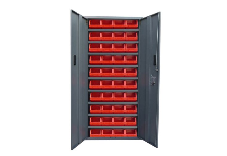 Armoire de Rangement Acier 2 Portes + 40 Bacs Rouges 4L 260x760x1600