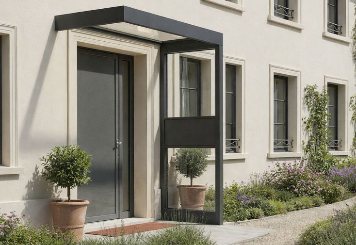 Marquise en aluminium et acrylique clair + 1 paroi latérale - 215 cm