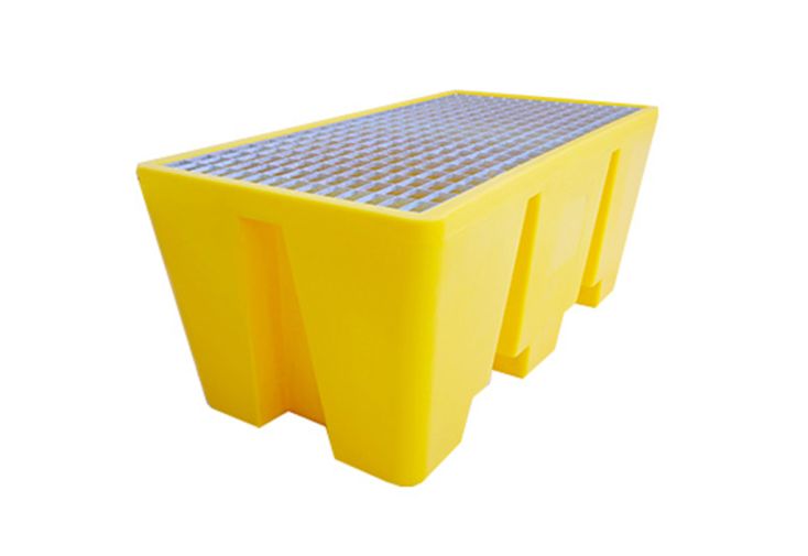 Bac de rétention en PEHD jaune avec caillebotis acier – 130 x 70 x 56 cm