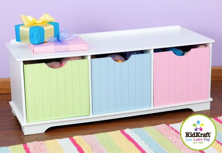 Banc de Rangement Enfant Bois Blanc et Pastel