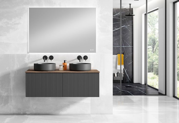 Meuble de salle de bain + double vasque et miroir LED à capteur