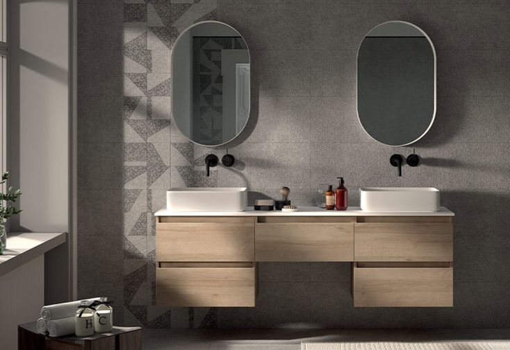 Ensemble de meubles de salle de bain en bois + double vasque et miroir
