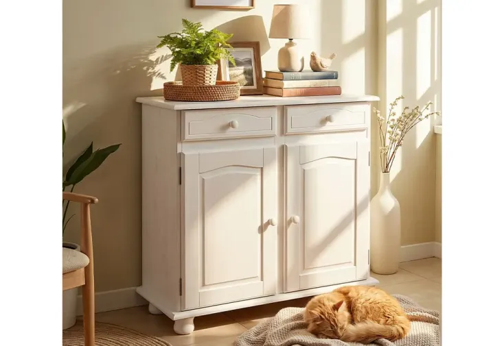 Buffet bas de salon en bois massif blanc - L.88 cm H.87 cm