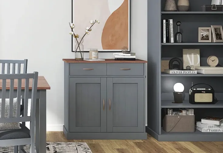 Buffet bas de salon en bois massif 2 portes 2 tiroirs - Gris et sépia