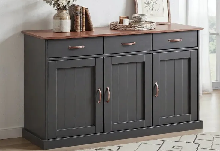 Buffet bas de salon en bois massif 3 portes 3 tiroirs - Gris et sépia