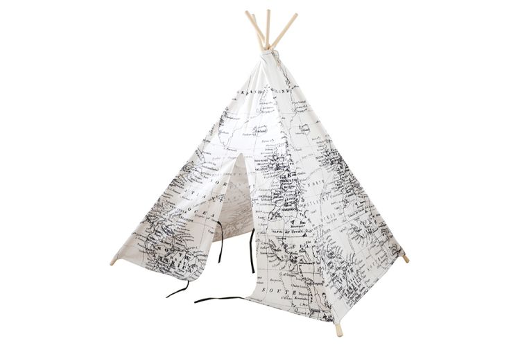 Tipi enfant en tissu et bois noir et blanc 1,60 m - World map