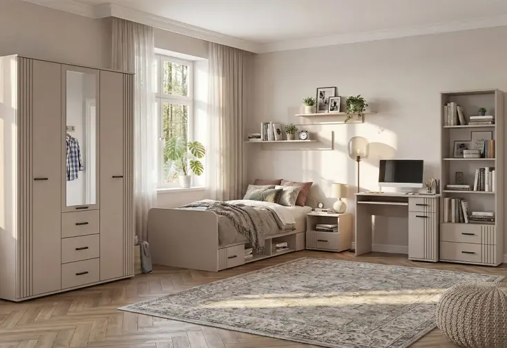 Chambre ado complète : armoire, lit, bureau, bibliothèque et étagère