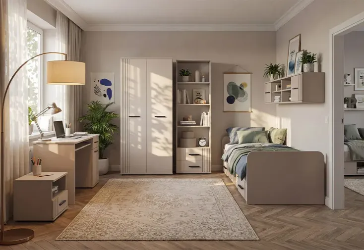Chambre ado complète : armoire, lit, bureau, bibliothèque et armoire suspendue