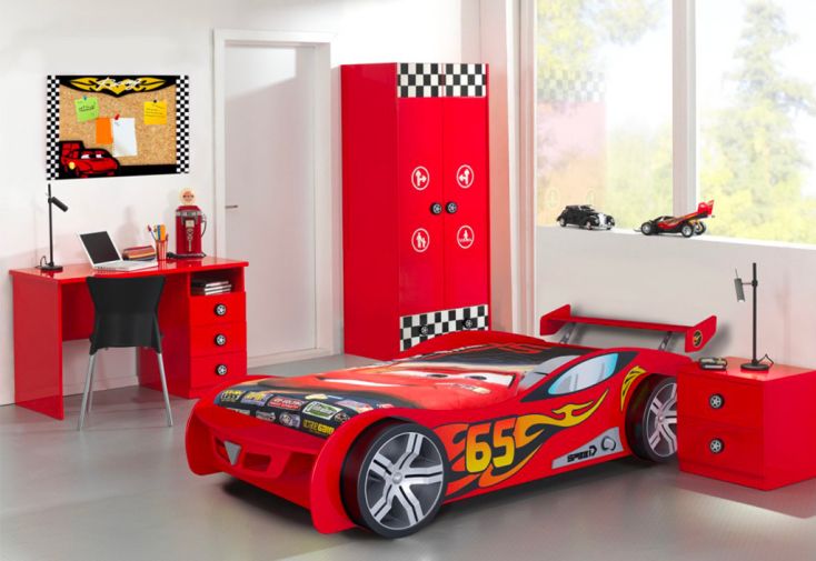 Chambre Enfant Racing : Lit Voiture de Course, Bureau, Chevet, Armoire