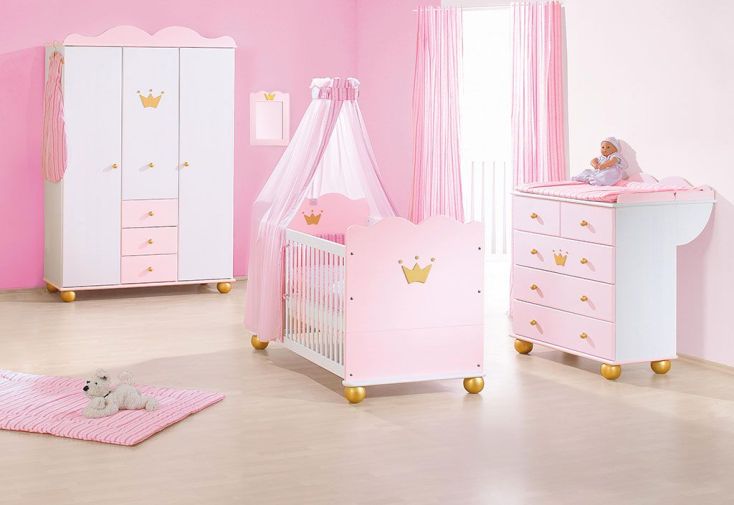 Chambre de Bébé en Épicéa Massif Blanc Rose et Or Princesse