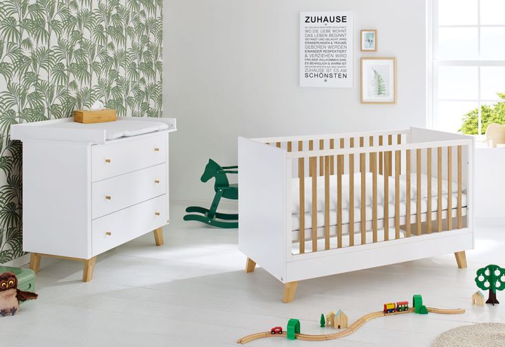 Chambre en bois évolutive bébé enfant : lit, commode à langer – Pan