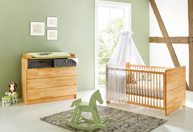 Chambre en bois évolutive bébé enfant : lit, commode à langer – Natura