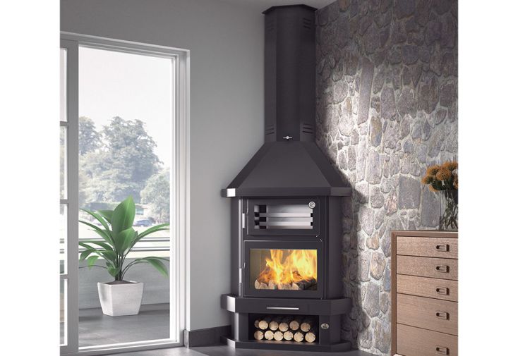Cheminée d’angle double combustion en acier avec four – 11 kW