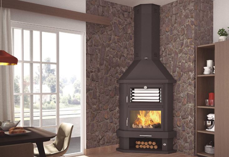 Cheminée d’angle double combustion en acier avec four – 14 kW