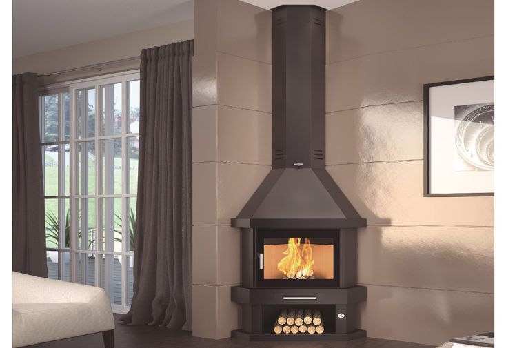 Cheminée à bois d’angle double combustion en acier - 14 kW