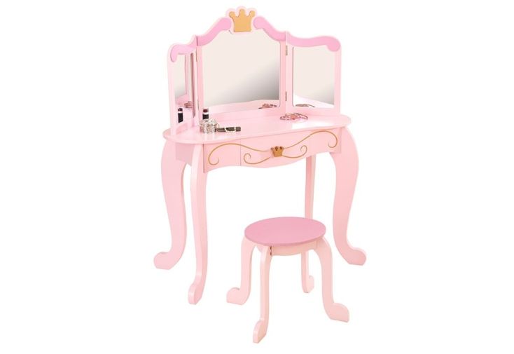 Coiffeuse en Bois pour Enfant Rose Princesse Miroir et Tabouret